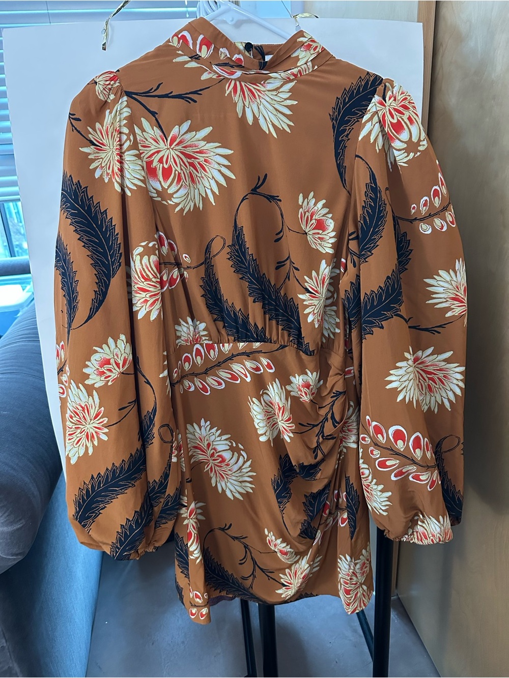 NWT RHODE Rust Floral Print Puff-Sleeve Mini Dress